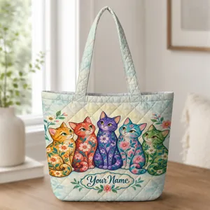 Colorful Five Cat Floral Scene for Cozy Laundry Days and Cottagecore Cat Lovers at Home Quilted Tote Bag