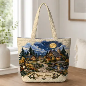 Moonlit Woodland Cottage Village for Cozy Laundry Days and Rustic Home Living Gifts Quilted Tote Bag