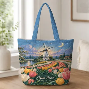 Moonlit Windmill Tulip Garden Art For Springtime Gifting And Cottagecore Style Quilted Tote Bag