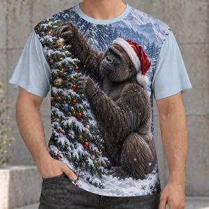 Snowy Gorilla Decorating Christmas Tree for Festive Holiday Celebrations All-over Print Unisex T-shirt