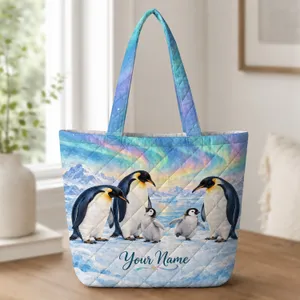 Colorful Aurora Penguins for Arctic Home Gifts, Winter Gatherings, and Nature Lovers Quilted Tote Bag