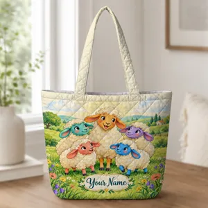 Colorful Sheep Family Meadow Scene for Cottagecore Farmhouse Living Quilted Tote Bag