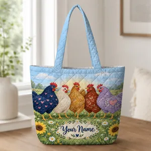 Five Colorful Farm Chickens in a Wildflower Meadow for Chicken Lovers and Gardeners Quilted Tote Bag