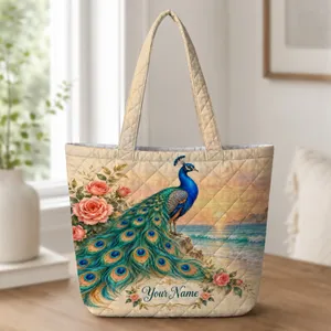 Peacock by a Golden Beach Sunset for Elegant Summer Getaways and Thoughtful Gifts for Her Quilted Tote Bag