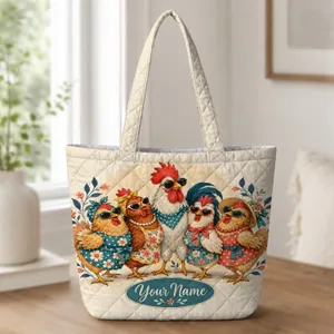 Whimsical Rooster And Hen Family Laundry Room Cheer For Farmhouse Chicken Lovers Gift Quilted Tote Bag