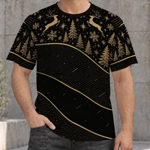 Black And Gold Reindeer Pine Trees And Snowflakes For Christmas Holiday Golf Style All-over Print Unisex T-shirt