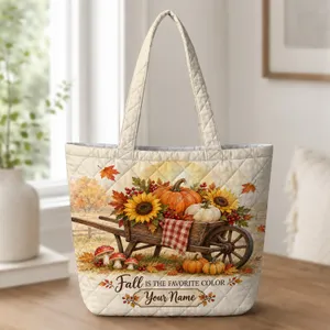Pumpkin Sunflower Wagon for Thanksgiving Hosting and Autumn Market Days Gift Quilted Tote Bag