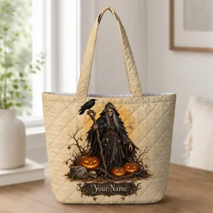 Gothic Witch and Raven Halloween Keepsake for Spooky Season and Witchy Fall Style Quilted Tote Bag