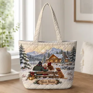 Snowy Cabin and Family Christmas Keepsake for Cozy Rustic Winter Holiday Gatherings Quilted Tote Bag