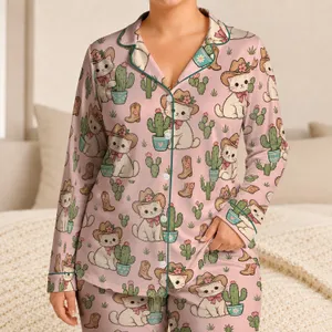 Cactus Cowboy Cats for Cozy Desert Nights and Sweet Weekend Lounging at Home Satin Pajamas Set