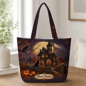 Haunted House Moonlit Halloween Scene for Autumn Trick-or-Treat Nights Quilted Tote Bag