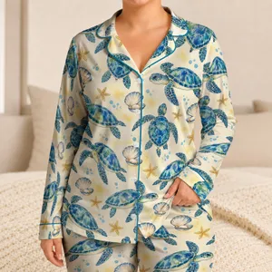 Blue Sea Turtles and Seashells for Relaxed Summer Getaways, Gifts for Ocean Lovers Satin Pajamas Set