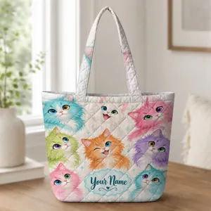 Vibrant Fluffy Cat Faces for Whimsical Everyday Shopping and Casual Travel Outings Quilted Tote Bag