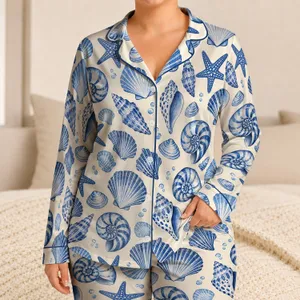 Blue Seashells and Starfish for Relaxed Coastal Summer Evenings by the Seaside Satin Pajamas Set