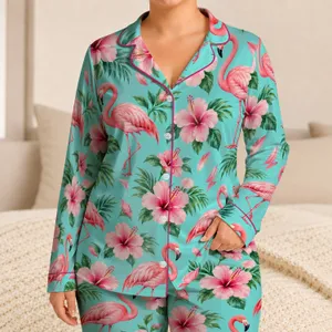 Pink Flamingos and Hibiscus Blooms for Tropical Getaways and Relaxed Summer Nights Satin Pajamas Set