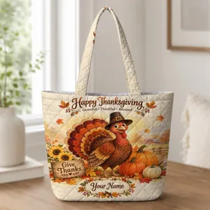 Autumn Turkey With Pumpkins for Thanksgiving Gatherings and Family Celebrations Quilted Tote Bag