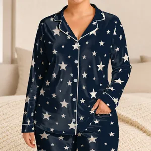 Navy And Ivory Stars for Cozy Evenings and Relaxed Nights at Home for Women Satin Pajamas Set
