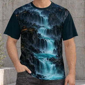 Turquoise Waterfall Nightscape for Quiet Weekend Escapes and Peaceful Outdoor Adventures All-over Print Unisex T-shirt