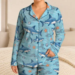 Blue Shark And Sea Life Motifs For Cozy Coastal Weekends And Ocean Loving Women Satin Pajamas Set