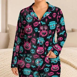 Neon Monster Faces and Comic Doodles for Playful Halloween Nights at Home Satin Pajamas Set