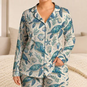 Charming Sea Turtle And Seashell Motifs For Relaxed Coastal Evenings And Summer Getaways Satin Pajamas Set