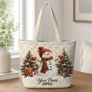 Christmas Snowman with Evergreen Trees for Winter Holiday Gift Giving and Family Cheer Quilted Tote Bag