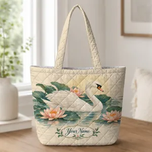 Elegant Swan and Water Lily Scene for Graceful Everyday Shopping and Workday Style Quilted Tote Bag