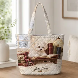 Fluffy Puppy With Vintage Library Books for Cozy Winter Reading Days and Book Lovers Quilted Tote Bag