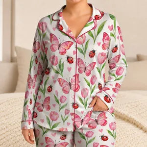 Ladybug Butterfly Hearts and Tulips for Cheerful Summer Lounging and Cozy Gift Giving Satin Pajamas Set