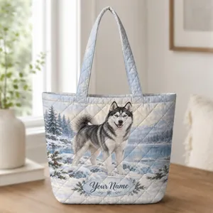Siberian Husky in Snowy Forest for Winter Walks and Cozy Outdoor Days for Dog Lovers Quilted Tote Bag