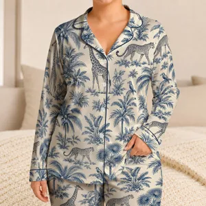 Navy Safari Palms and Spotted Wildlife for Relaxed Tropical Getaways and Nature Lovers Satin Pajamas Set