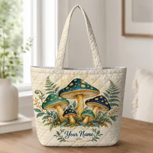 Teal Mushroom Woodland Fungi for Weekend Getaways and Nature-Loving Outdoor Travelers Quilted Tote Bag