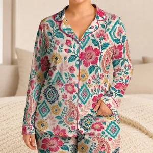 Colorful Patchwork Florals And Teal Motifs For Cozy Weekend Lounging Satin Pajamas Set