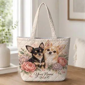 Two Chihuahua Companions with Peonies for Travel and Everyday Adventures Quilted Tote Bag
