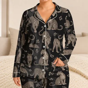 Ivory Spotted Leopard Motif for Cozy Lounging and Relaxed Summer Evenings Satin Pajamas Set