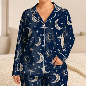 Navy Crescent Moons and Starbursts for Dreamy Stargazing Nights and Cozy Lounging at Home Satin Pajamas Set