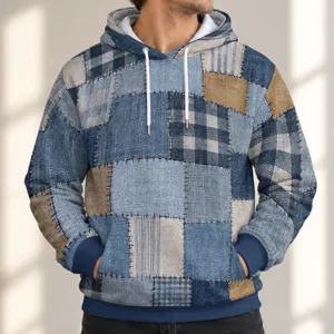 Blue Denim Patchwork Checks For Creative Weekends And Casual Wear Rust Accents All-over Print Hoodie (Lightweight)