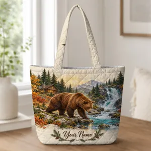 Brown Bear Forest Cabin Waterfall Scenery for Camping and Hiking Getaways Outdoors Quilted Tote Bag