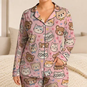 Pastel Cat and Bear Faces for Cozy Summer Lounging, Weekends and Gift Giving Satin Pajamas Set