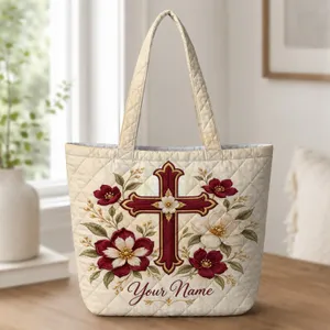 Burgundy Cross and Ivory Florals for Sunday Worship and Faithful Everyday Gift Giving Quilted Tote Bag