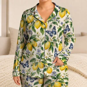 Lemon Branches And Butterflies For Fresh, Relaxing Summer Lounging Satin Pajamas Set