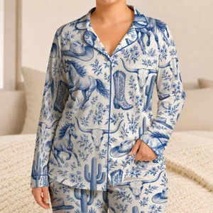 Blue Western Horses, Cacti and Cowboy Hats for Cozy Ranch Nights and Cowgirl Escapes Satin Pajamas Set