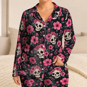 Pink Skull And Blossom Motifs For Cozy Gothic Lounge Style And Relaxed Evenings Satin Pajamas Set