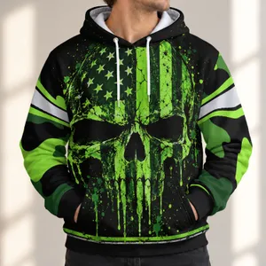 Neon Green Flag Skull for Rugged Outdoor Patriot Style and Bold Casual Weekend Wear All-over Print Hoodie (Lightweight)