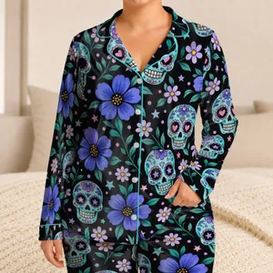 Teal Sugar Skulls and Wildflowers for Spooky Season Lounging and Cozy Nights for Her Satin Pajamas Set