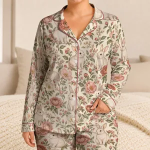 Blush Rabbit and Wildflower Garden for Cozy Springtime Lounging and Relaxed Evenings Satin Pajamas Set