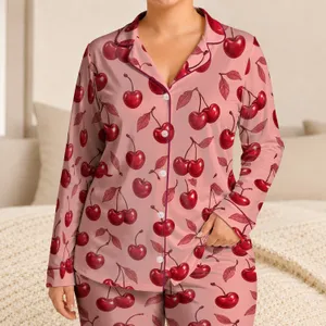 Pink Cherry Motifs for Sweet Spring Summer Lounging and Cozy Home Days Satin Pajamas Set