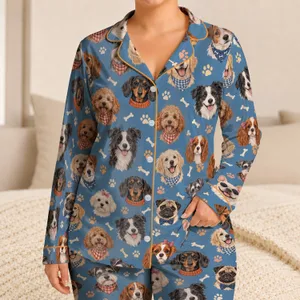 Whimsical Dog Faces for Cozy Lounging and Relaxed Weekends, Gift for Women Dog Lovers Satin Pajamas Set
