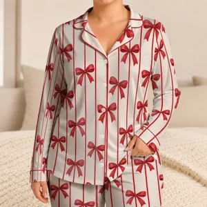 Cherry Red Ribbon Bows and Ivory Stripes for Cozy Holiday Lounging at Home for Women Satin Pajamas Set