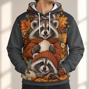Three Cozy Raccoons and Autumn Pumpkins for Halloween and Thanksgiving Gatherings All-over Print Hoodie (Lightweight)